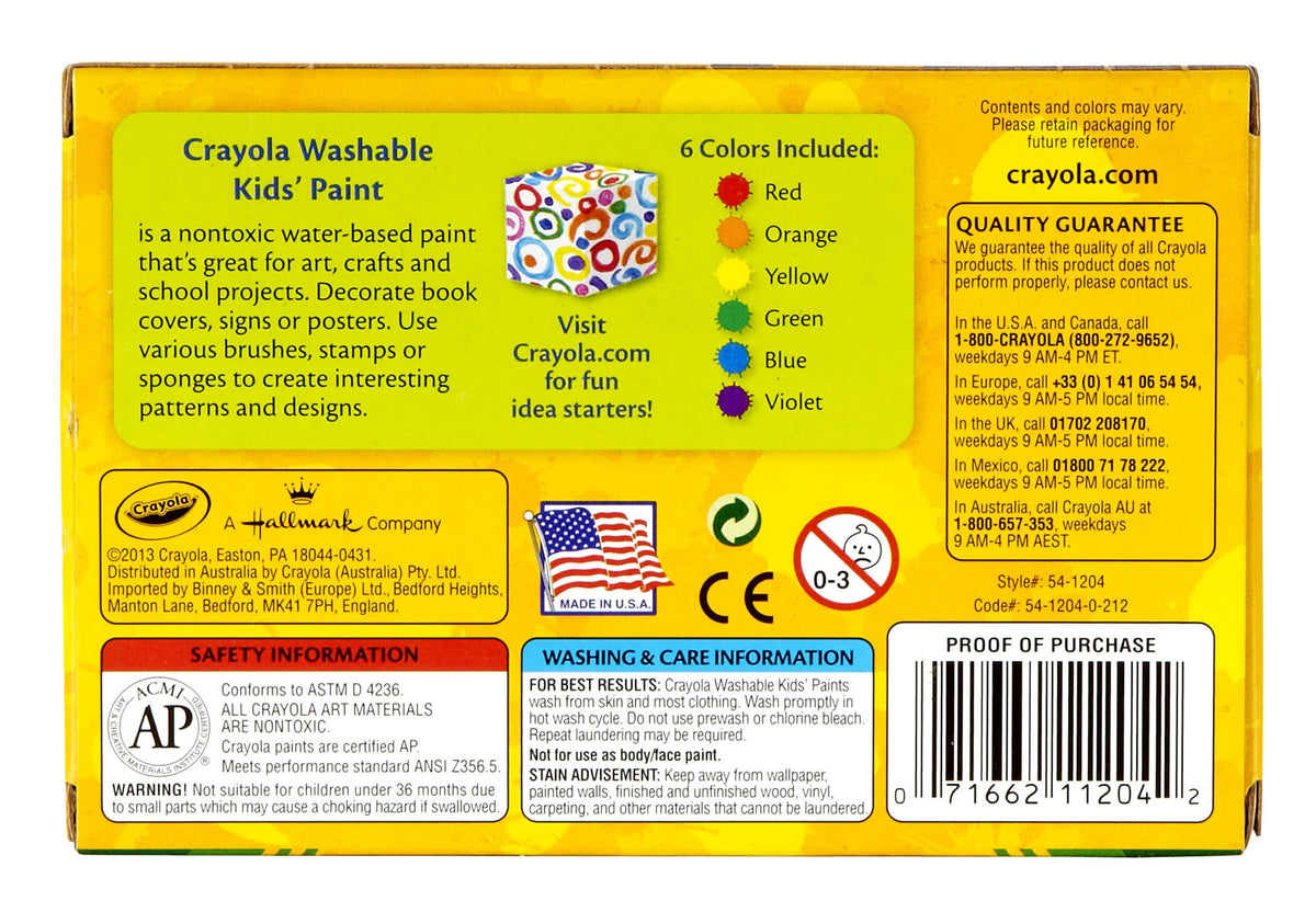 Crayola Washable Kids' Paint, Assorted Colors, 2 oz, 6 Count - image 3