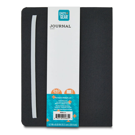 Pen+Gear School Fabric Cover Journal, Black, 240 Ruled Pages, Elastic Band