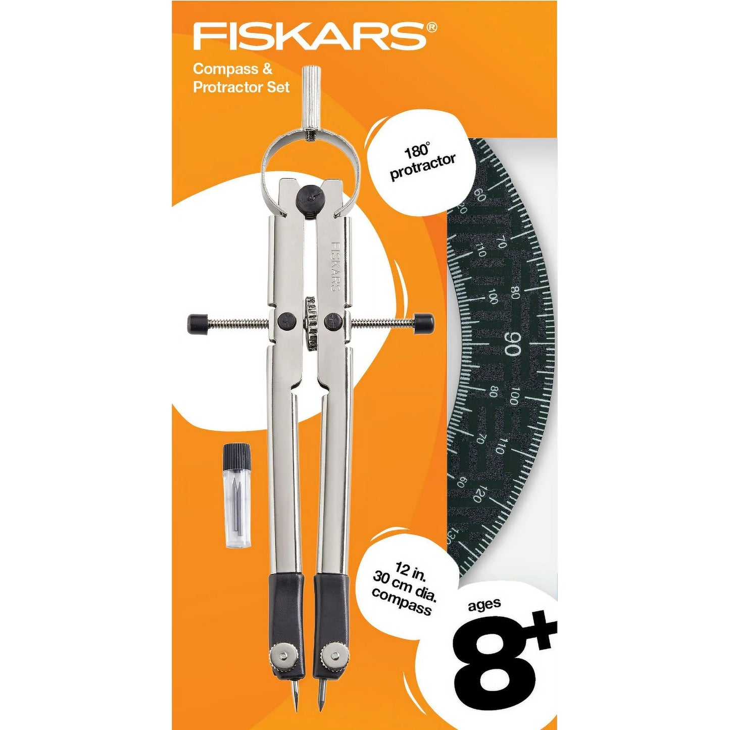 Fiskars 12-inch Metal Compass with 180-Degree Protractor, School Math Supplies, Black (1-Pack)