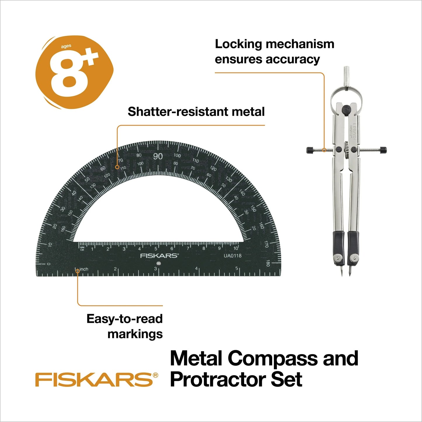 Fiskars 12-inch Metal Compass with 180-Degree Protractor, School Math Supplies, Black (1-Pack)
