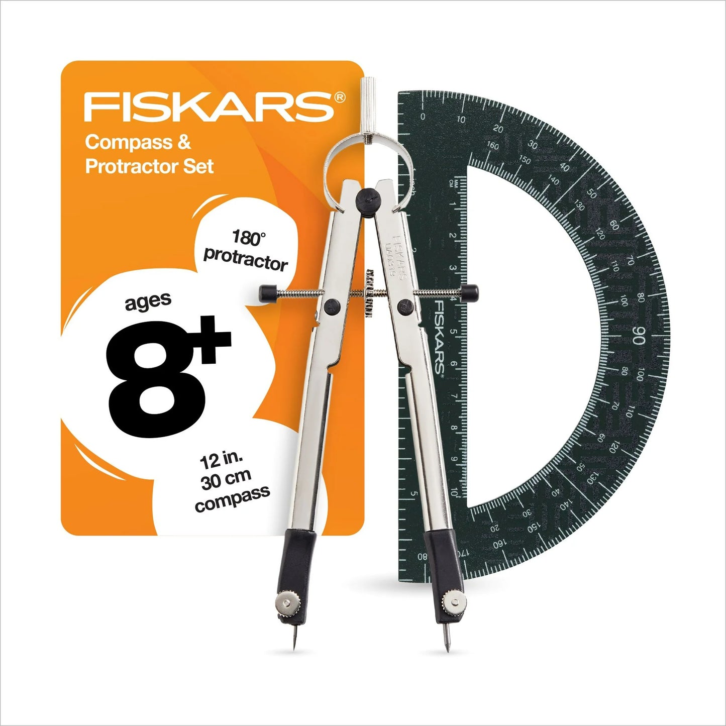 Fiskars 12-inch Metal Compass with 180-Degree Protractor, School Math Supplies, Black (1-Pack)