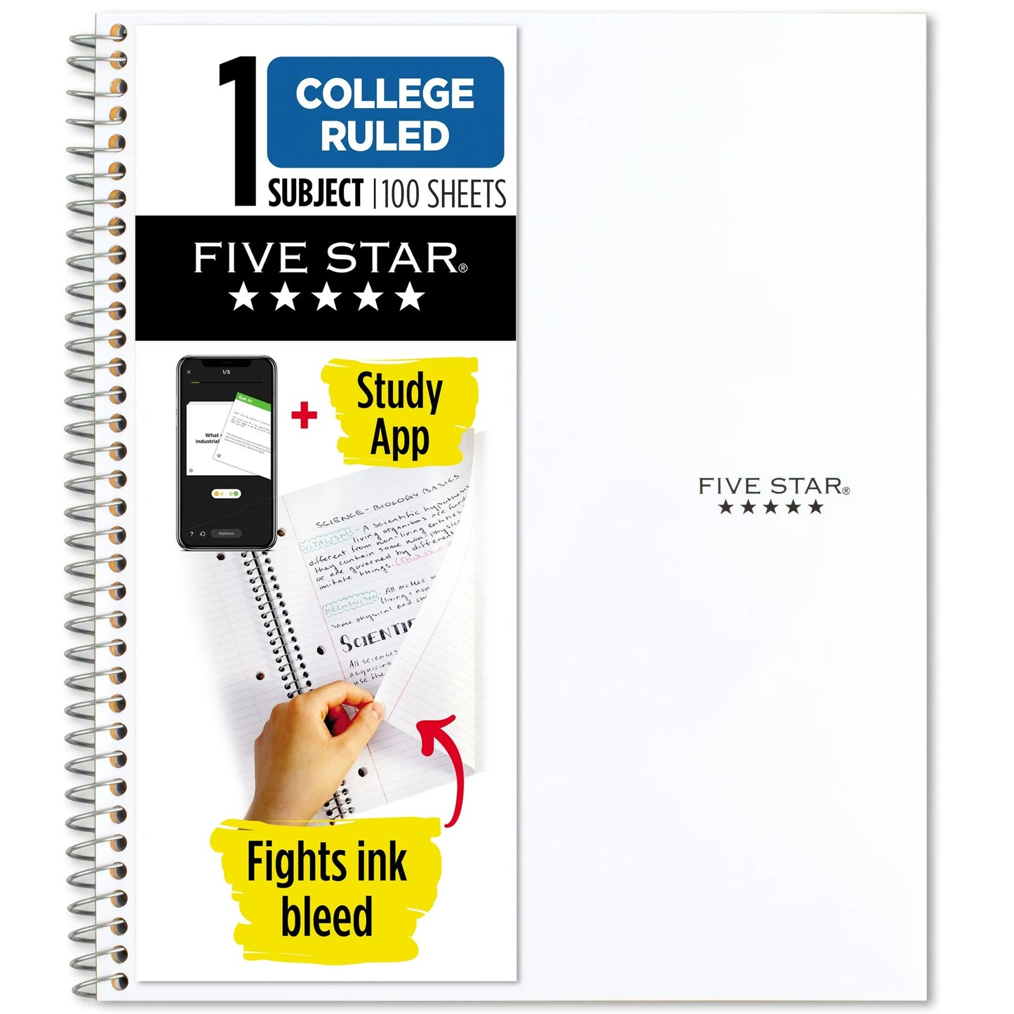 Five Star 1 Subject College Ruled Notebook Plus Study App, 8.5" x 11", Poly, Spiral, 100 Sheets