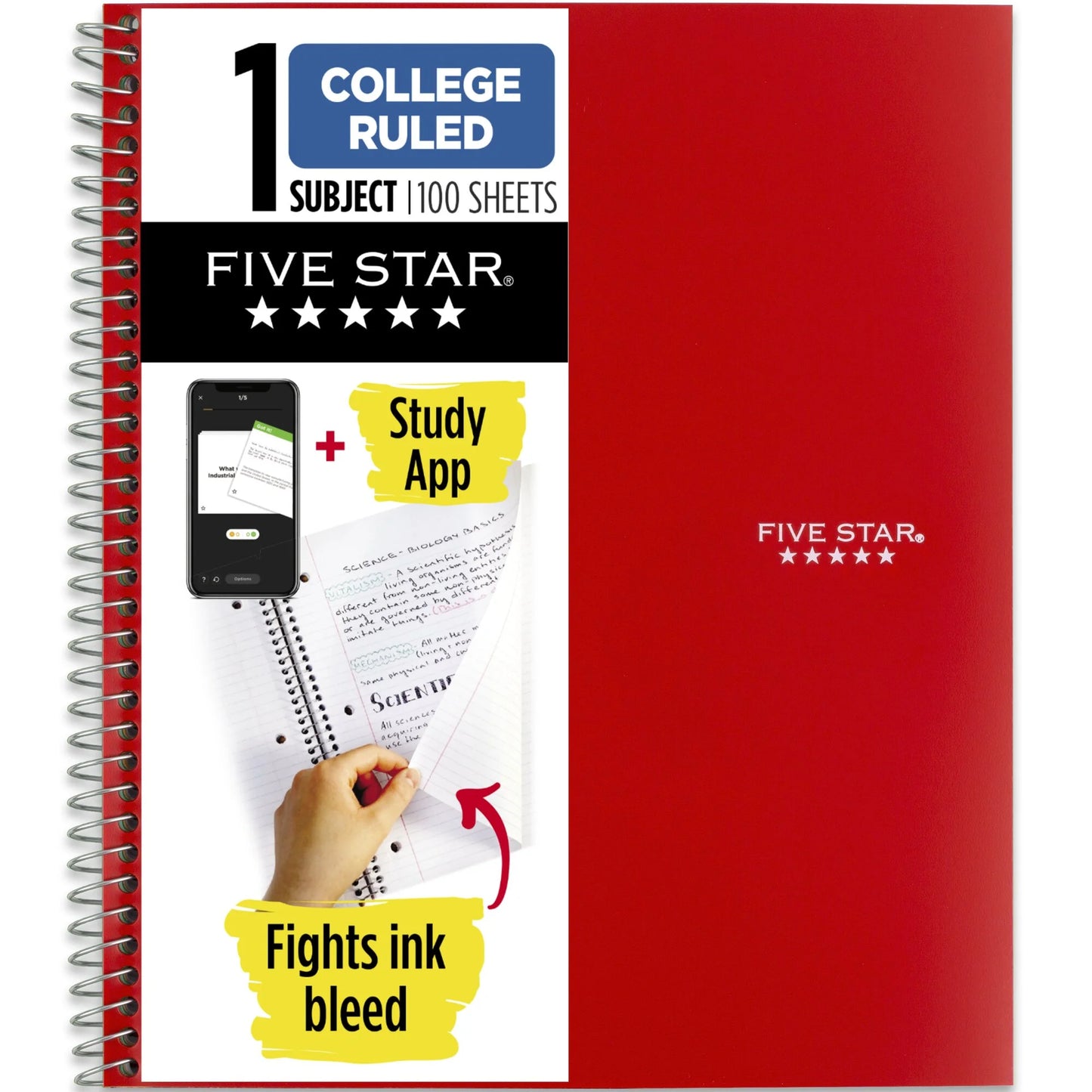 Five Star 1 Subject College Ruled Notebook Plus Study App, 8.5" x 11", Poly, Spiral, 100 Sheets