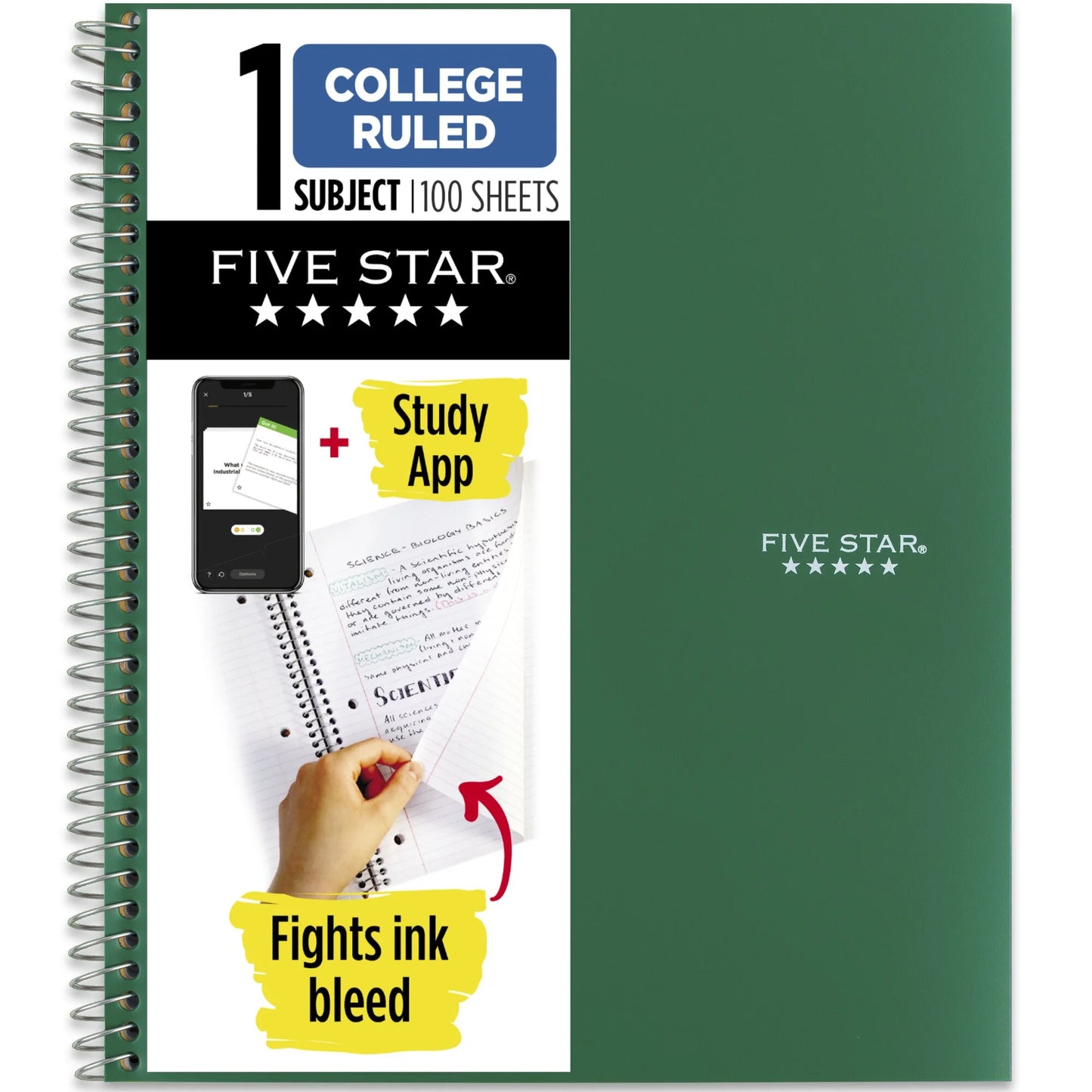 Five Star 1 Subject College Ruled Notebook Plus Study App, 8.5" x 11", Poly, Spiral, 100 Sheets