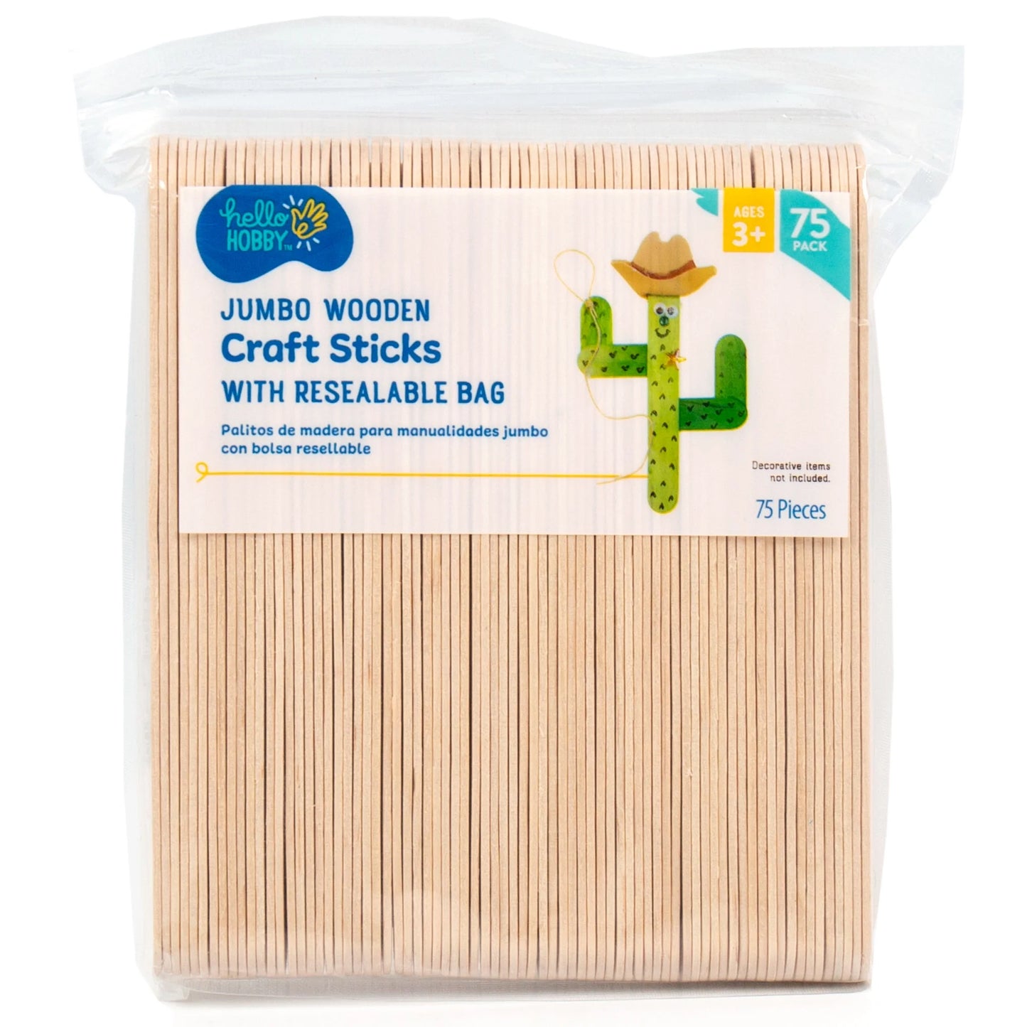 Hello Hobby Jumbo Wood Craft Sticks, 75-Pack