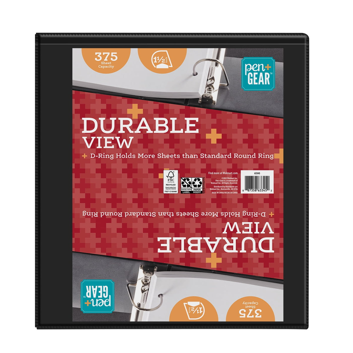 Pen+Gear Durable View 1.5" D-Ring Binder, Black