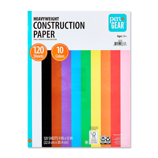 Pen+Gear Heavyweight Construction Paper, 9" x 12", Assorted Colors, 120 Sheets