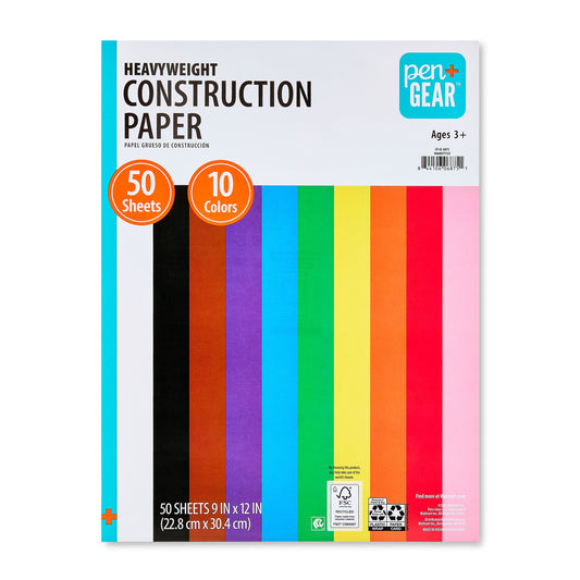 Pen+Gear Heavyweight Construction Paper, 9" x 12", Assorted Colors, 50 Sheets