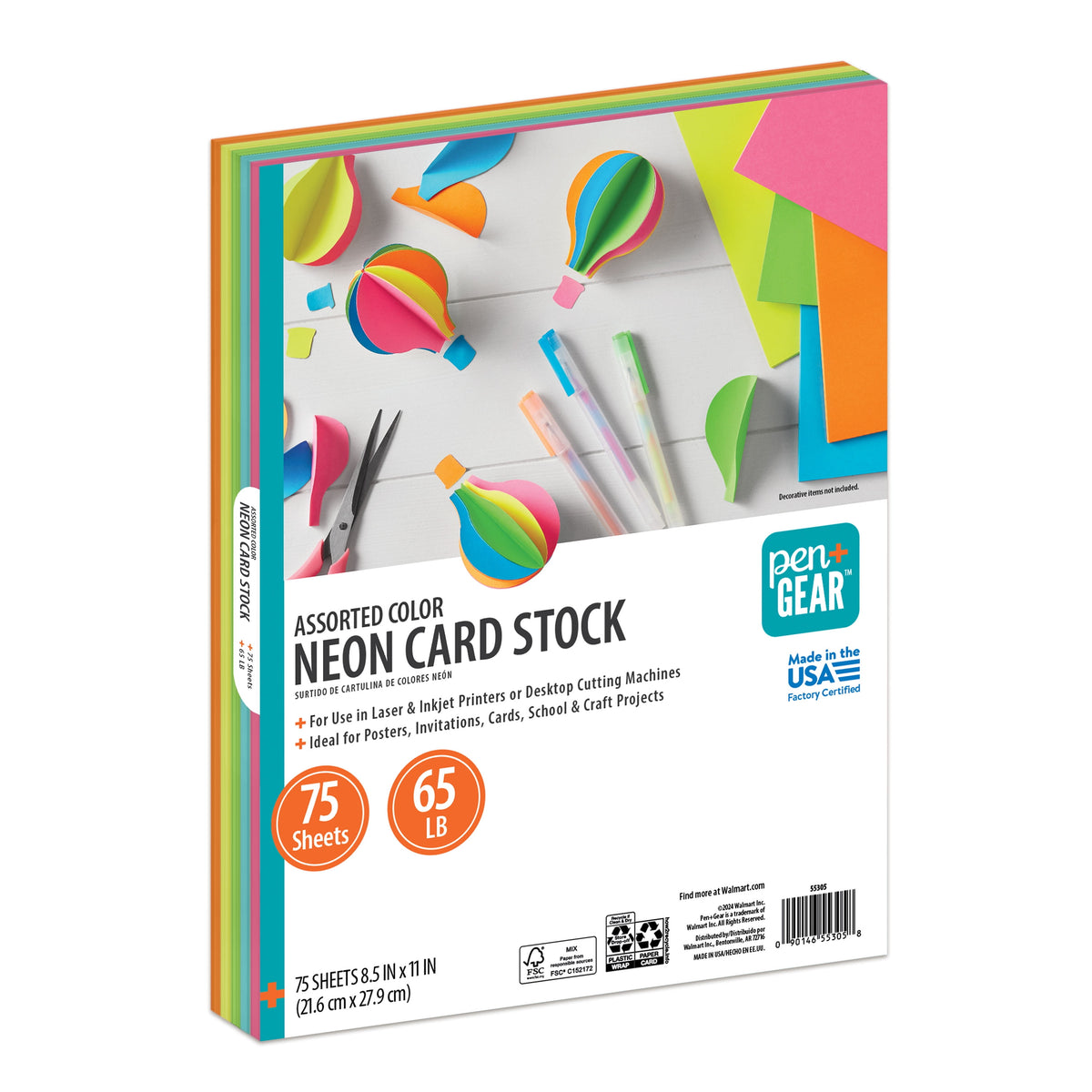 Pen+Gear Assorted Neon Card Stock, 8.5" x 11", 65 lb, 75 Sheets
