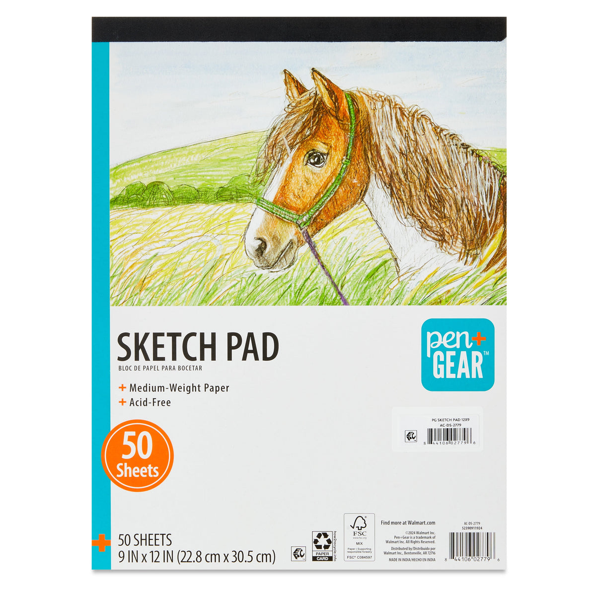 Pen+Gear Medium Weight Sketch Pad, 9" x 12", 50 Sheets