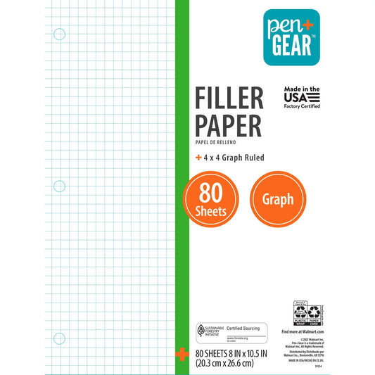 Pen+Gear Quad Filler Paper, Graph Ruled 4x4, 80 Sheets, 8" x 10.5"