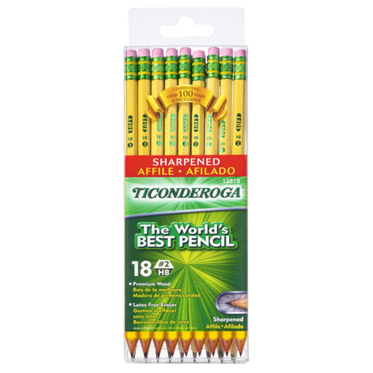 Ticonderoga #2 Pencils, Pre-Sharpened, Yellow, 18 Count
