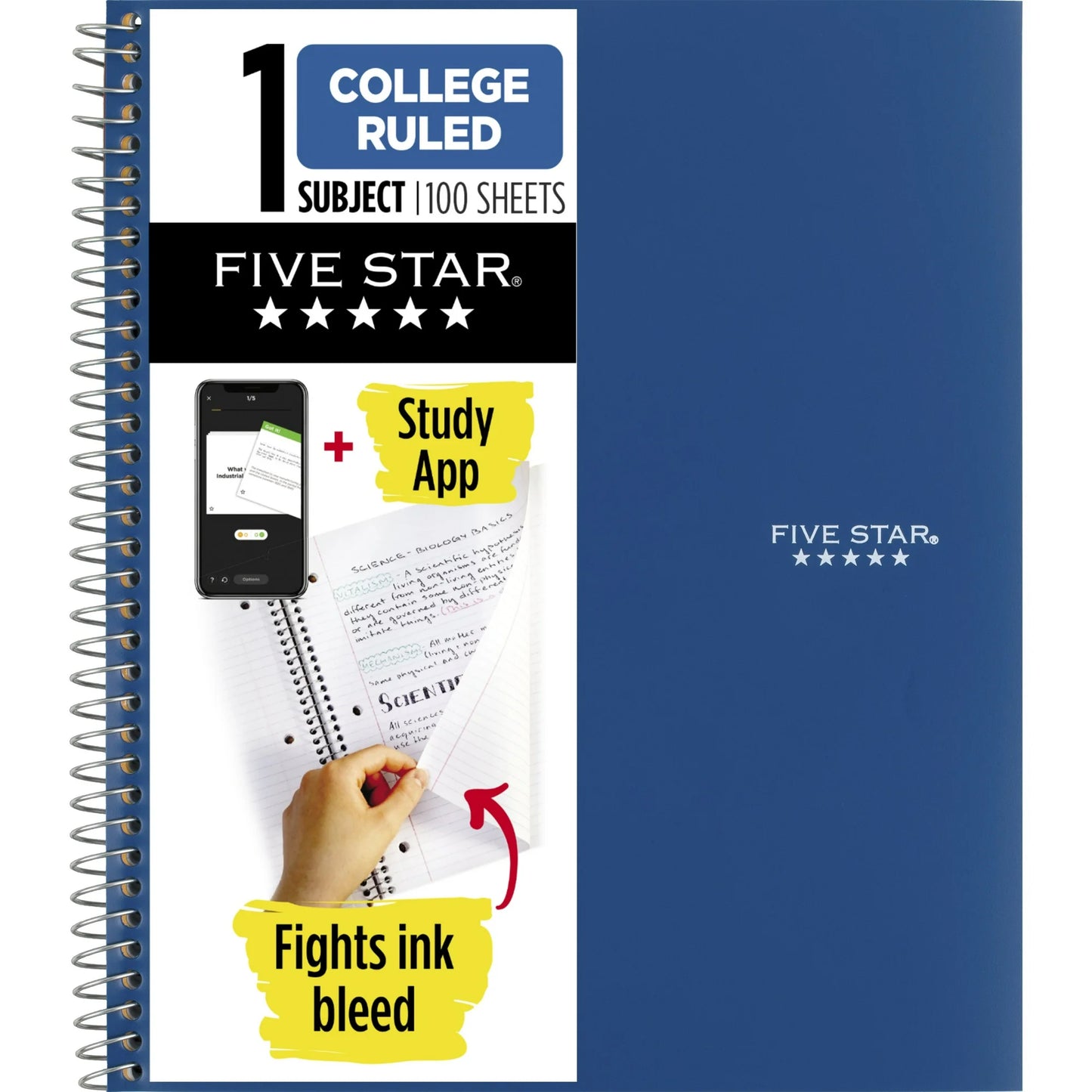 Five Star 1 Subject College Ruled Notebook Plus Study App, 8.5" x 11", Poly, Spiral, 100 Sheets
